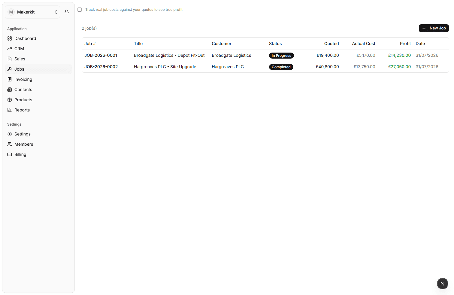 SME System job costing screen comparing quoted cost to actual cost and profit